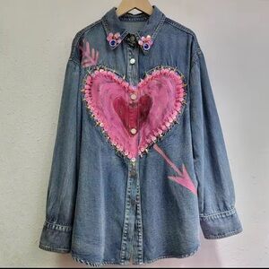 Denim Shirt with Pink Heart Design arrow stitch sequi button down